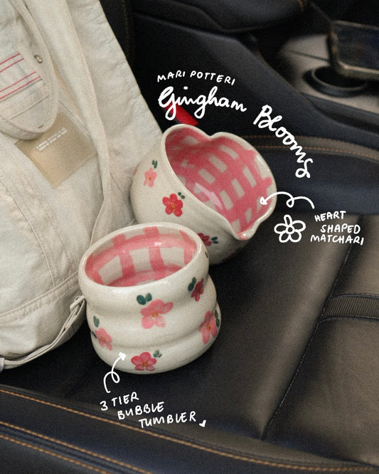 MARI POTTERI GINGHAM BLOOMS ( matchari , tumbler & chasen holder )