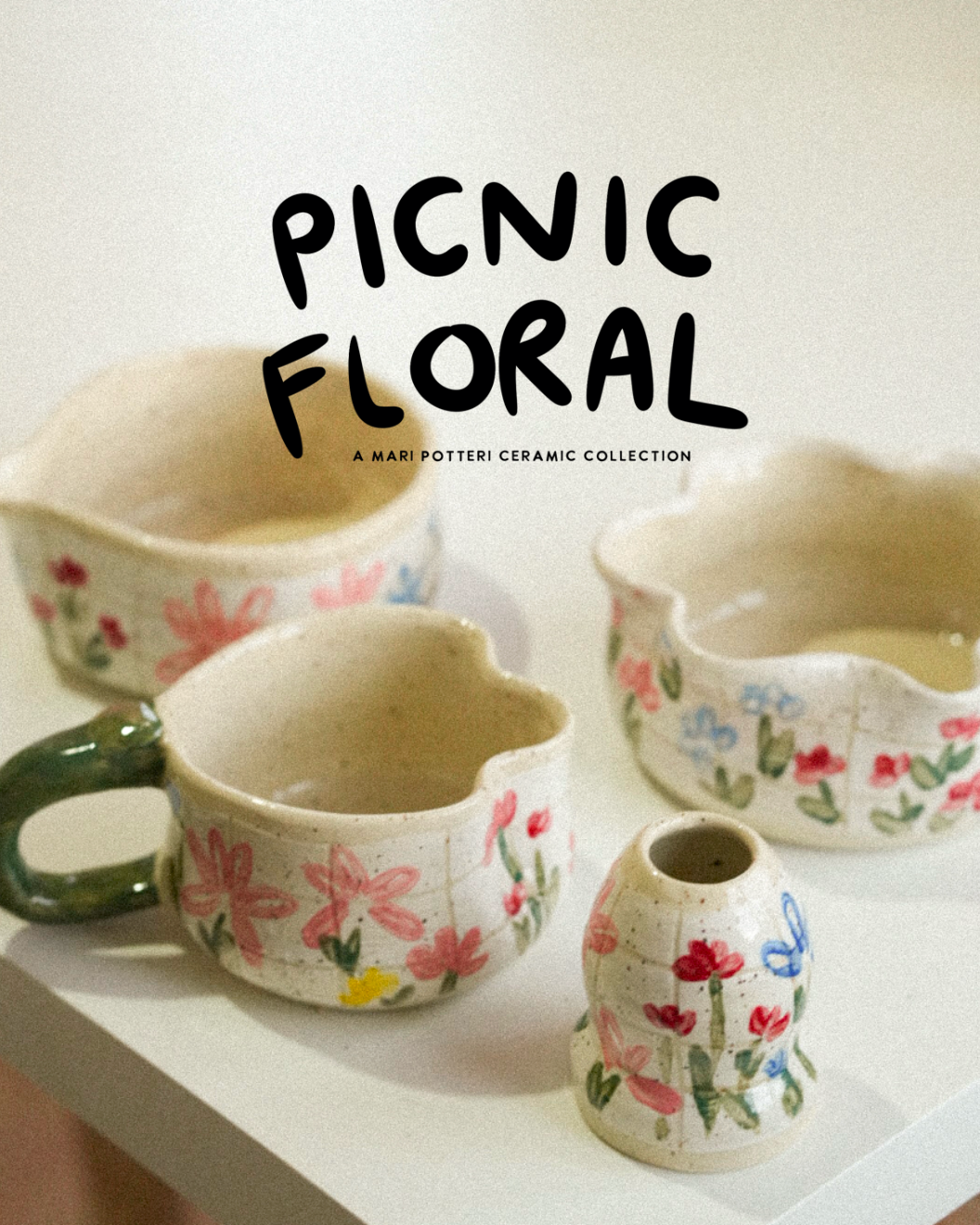 MARI POTTERI PICNIC FLORAL FLOWER matchari (matcha bowl) & chasen holder set