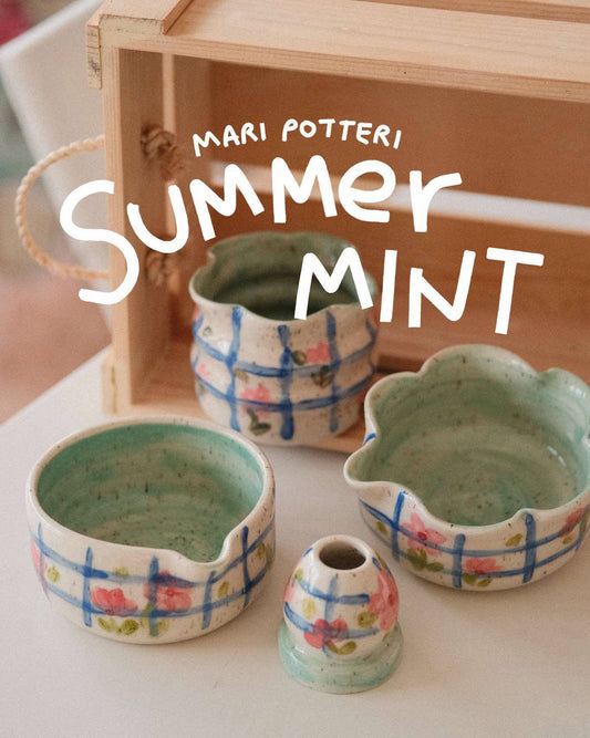 MARI POTTERI SUMMER MINT MATCHARI (matcha bowl) & chasen holder set