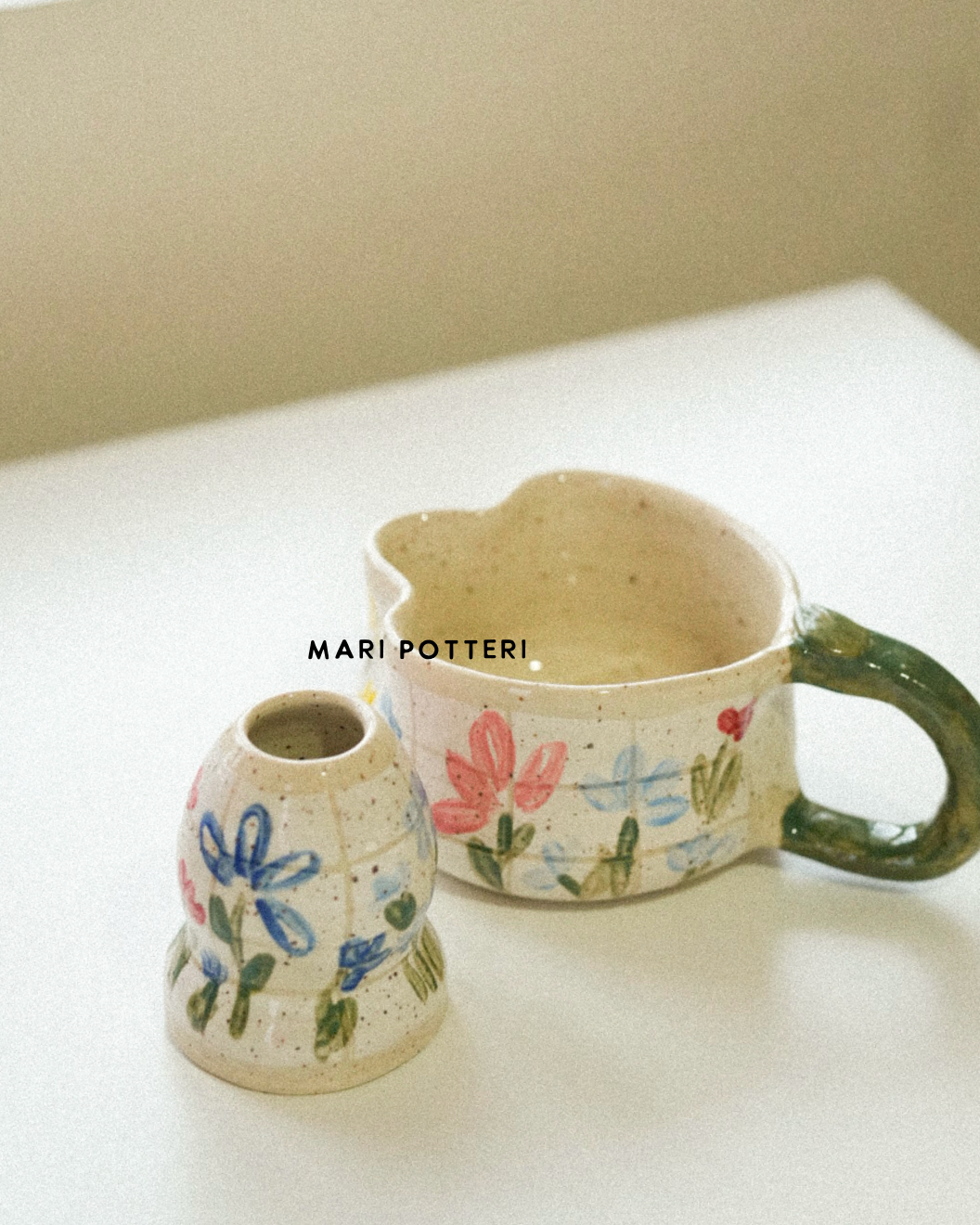 MARI POTTERI PICNIC FLORAL FLOWER matchari (matcha bowl) & chasen holder set