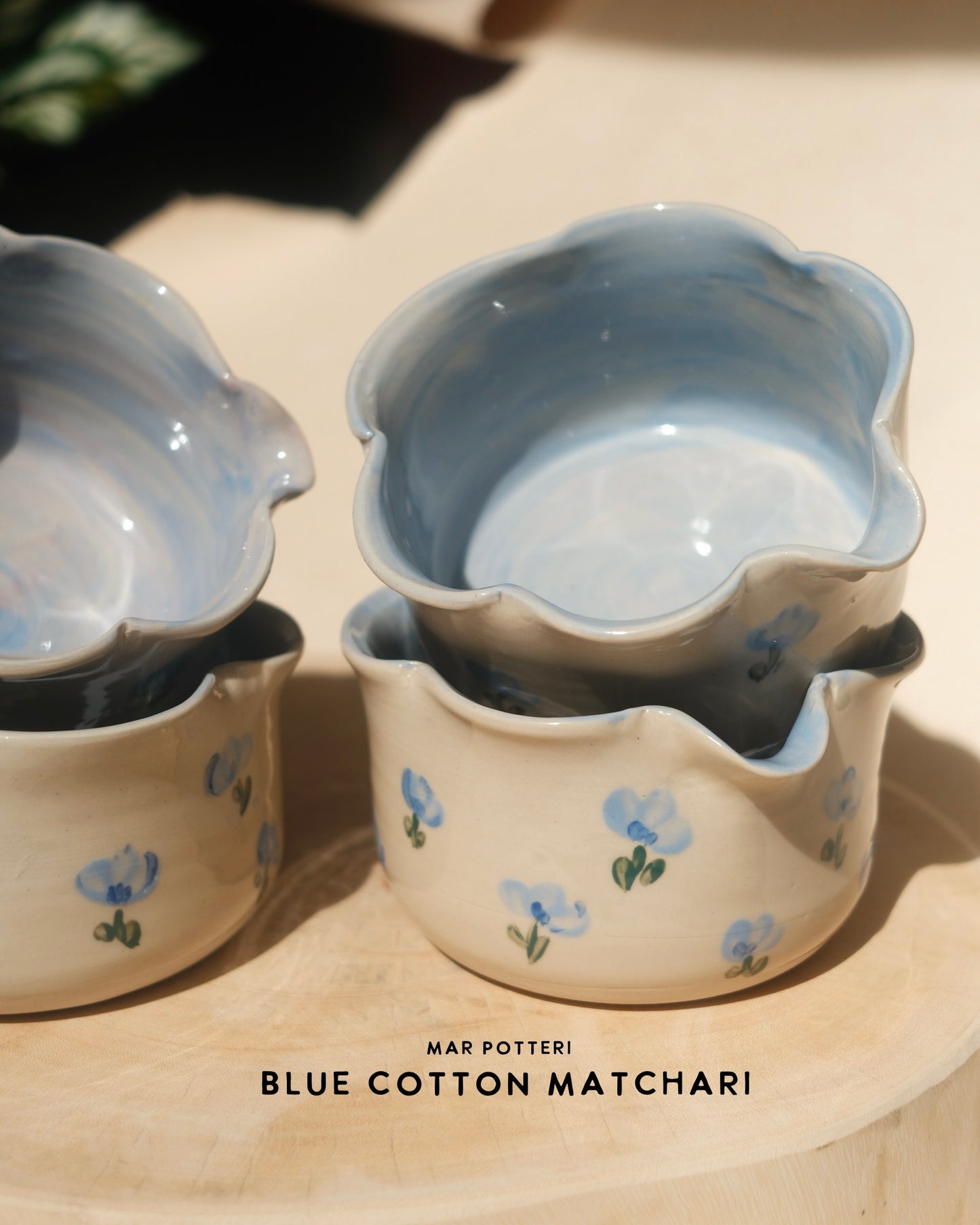 MARI POTTERI BLUE COTTON MATCHARI (matcha bowl, tumbler, chasen holder)