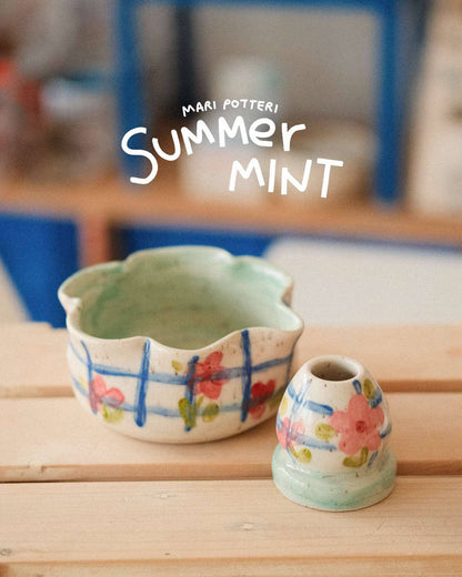 MARI POTTERI SUMMER MINT MATCHARI (matcha bowl) & chasen holder set