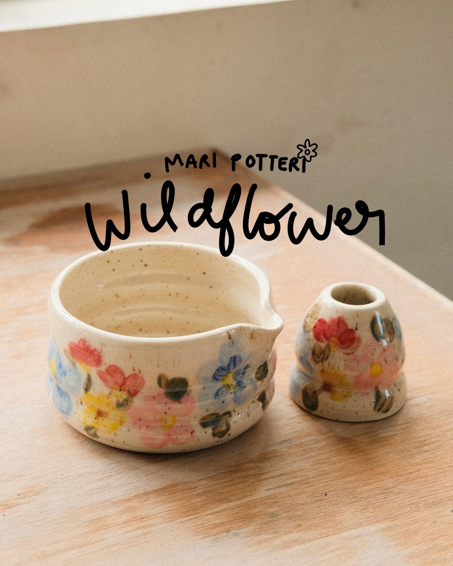MARI POTTERI WILDFLOWER MATCHARI (matcha bowl) & chasen holder set