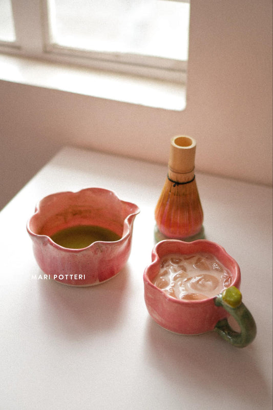MARI POTTERI SAKURA BLOOM & BUD TRIPLE SET ( matchari, chasen holder, tulip mug )