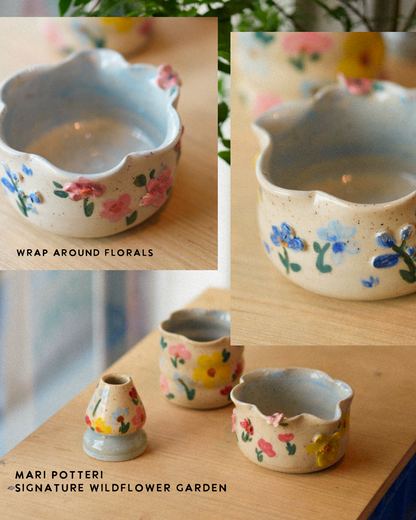 MARI POTTERI SIGNATURE WILDFLOWER GARDEN ( matchari , tumbler & chasen holder )
