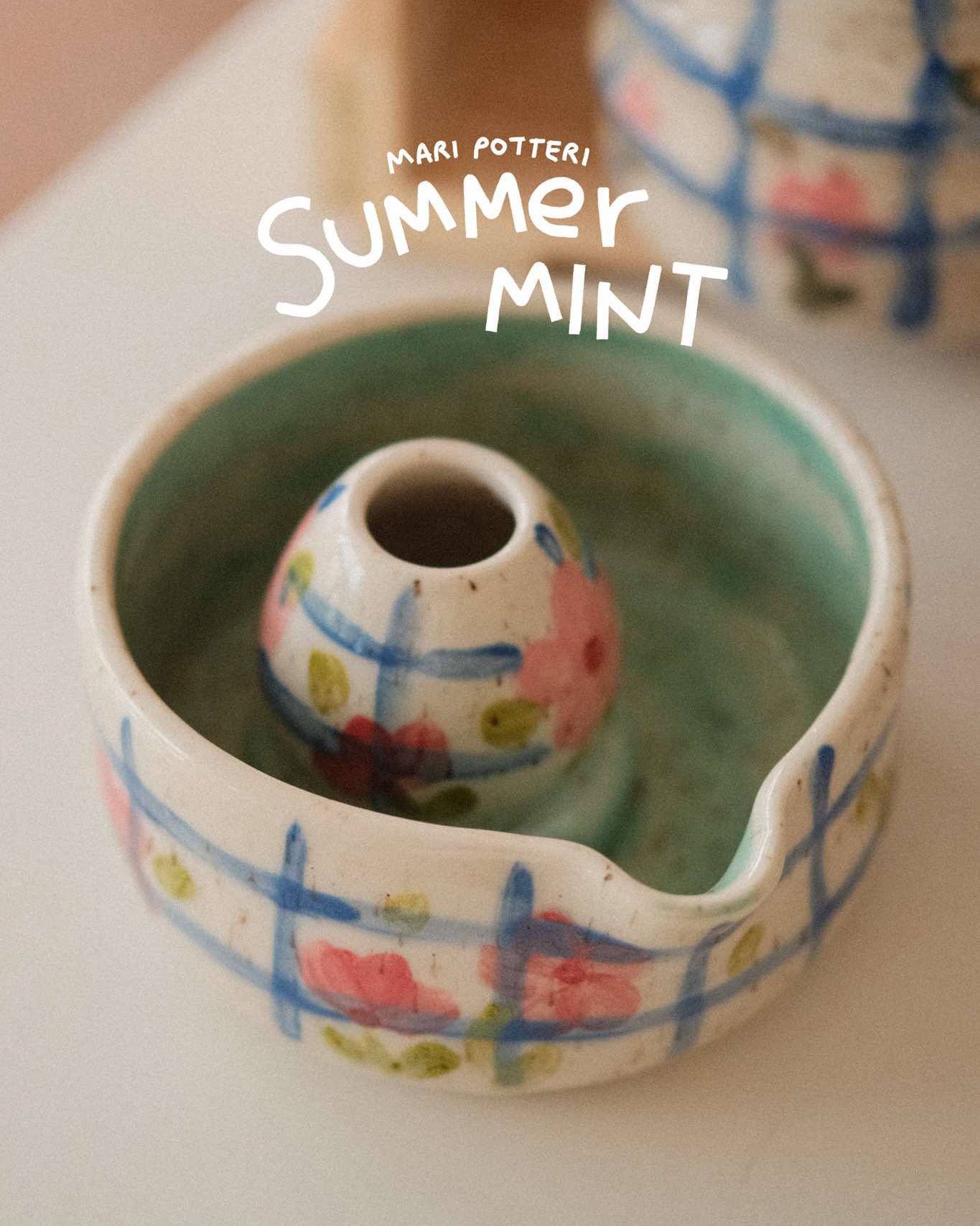 MARI POTTERI SUMMER MINT MATCHARI (matcha bowl) & chasen holder set