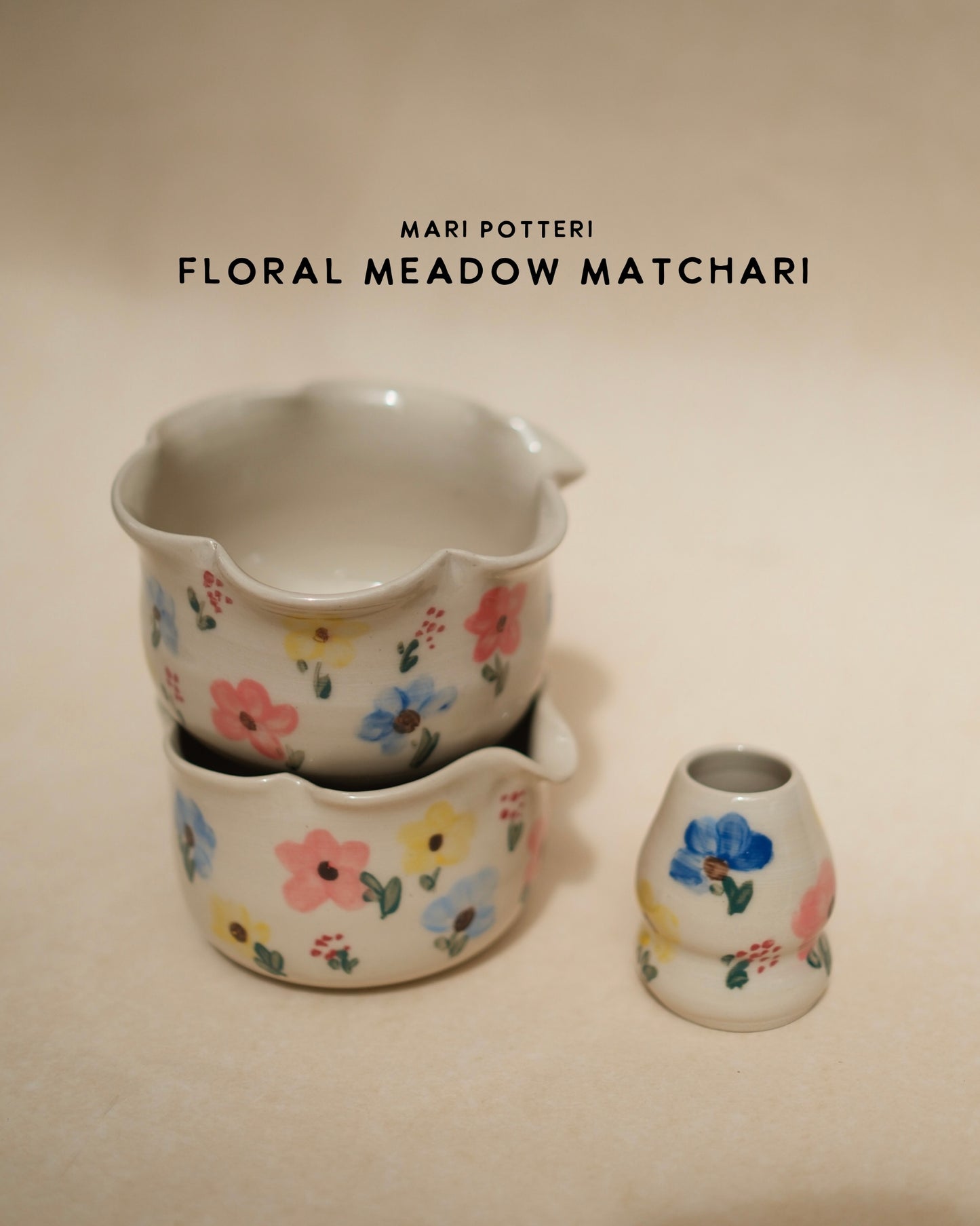 MARI POTTERI FLORAL MEADOW MATCHARI (matcha bowl) & chasen holder set