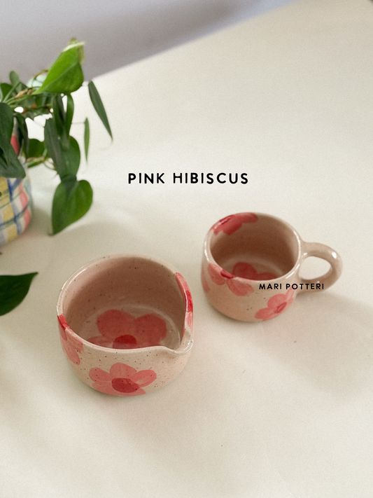 MARI POTTERI PINK HIBISCUS MATCHARI (matcha bowl) & chasen holder set